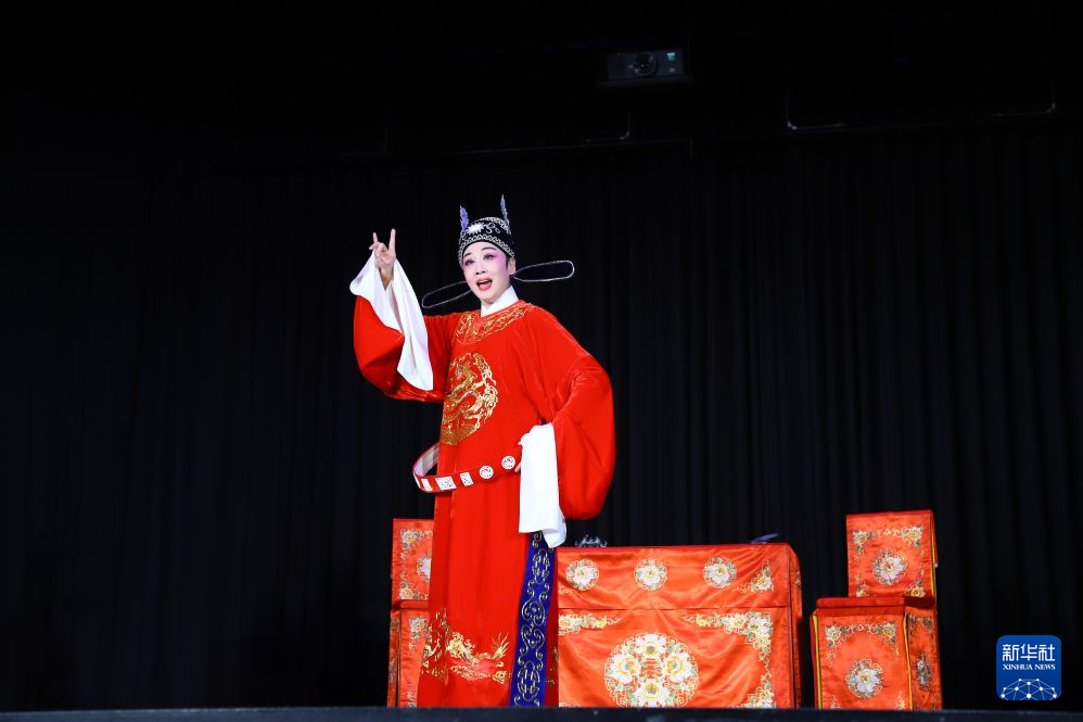 10月17日，在德国法兰克福，中国黄梅戏表演艺术家韩再芬表演黄梅戏《女驸马》。10月17日晚，黄梅戏经典剧目《女驸马》在德国法兰克福恩克海姆市民文化中心上演，东方戏韵赢得观众阵阵喝彩。本场演出是2026“中国戏演出季”暨中国戏国际展演的一部分。新华社记者 刘向 摄